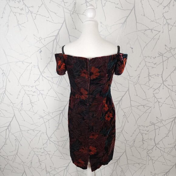 By Night VTG 90's Dark Floral Velvet Strappy Off Shoulder Dress - Picture 4 of 7